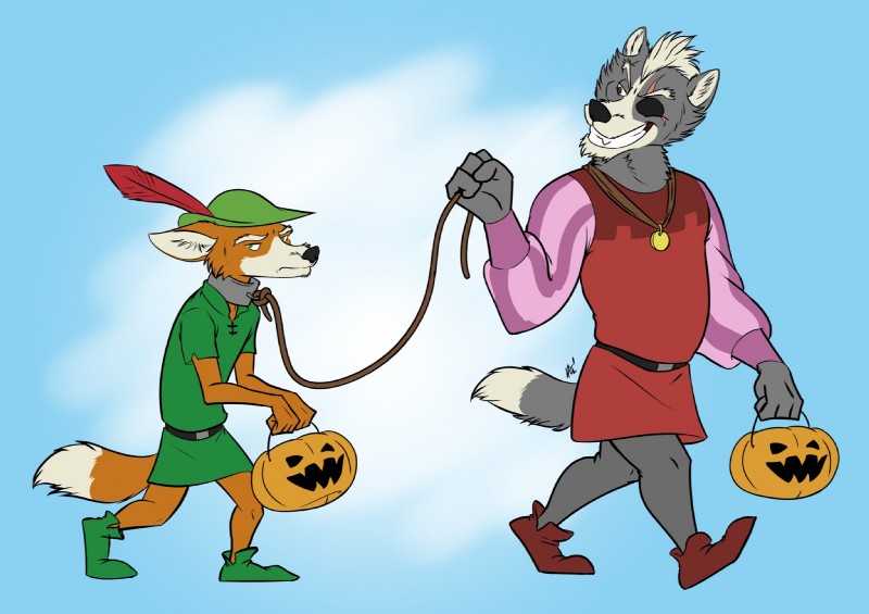 anthro clothed clothing cosplay dipstick_tail duo food fruit fully_clothed leash male markings plant pumpkin sheriff tail tail_markings amonomega disney nintendo robin_hood_(disney) star_fox fox_mccloud robin_hood sheriff_of_nottingham wolf_o'donnell canid canine canis fox mammal wolf crossover hi_res