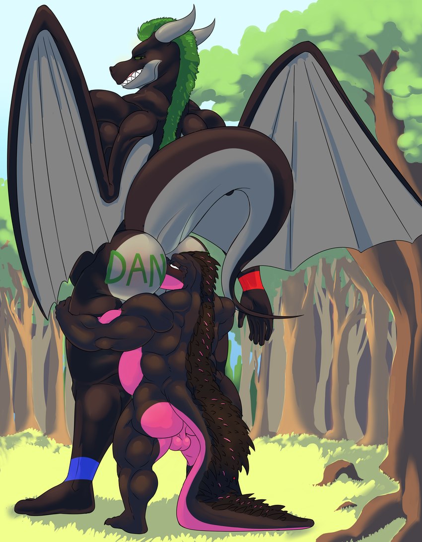 anal anthro balls belly big_dom_small_sub butt dominant duo forest forest_background genitals horn looking_down looking_down_at_partner looking_down_at_self male male/male male_rimmed male_rimming male_rimming_male nature nature_background oral plant raised_tail rimming sex size_difference slightly_muscular tail teeth tree wings zenarator_(artist) mythology akeru skunkor crocodilian dragon mythological_creature mythological_scalie reptile scalie absurd_res hi_res