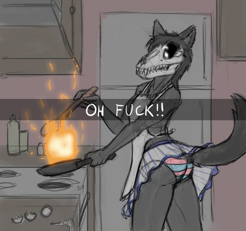 anthro apron black_body black_fur black_hair blue_clothing blue_panties blue_underwear bone bottomwear butt clothed clothing clothing_lift cooking cookware crossdressing femboy fire frying_pan fur furgonomics hair inconvenient_tail inside kitchen kitchen_utensils looking_at_viewer male mask panties panty_shot pattern_bottomwear pattern_clothing pattern_panties pattern_underwear pink_clothing pink_panties pink_underwear profanity raised_bottomwear raised_clothing raised_skirt skirt skirt_lift skull skull_head solo striped_bottomwear striped_clothing striped_panties striped_underwear stripes tail tail_through_skirt teeth text tools underwear upskirt victordantes scp_foundation scp-1471-a canid canine canis maleo malo mammal wolf english_text