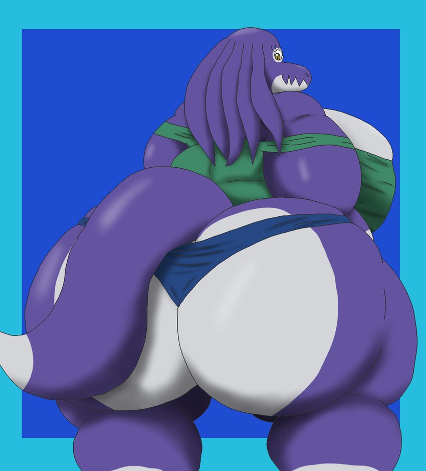 anthro big_breasts big_butt breasts butt clothed clothing female huge_breasts huge_butt hyper hyper_butt overweight overweight_female purple_body purple_scales rear_view scales skimpy solo wide_hips alythewolfcat final_fantasy square_enix bangaa scalie hi_res