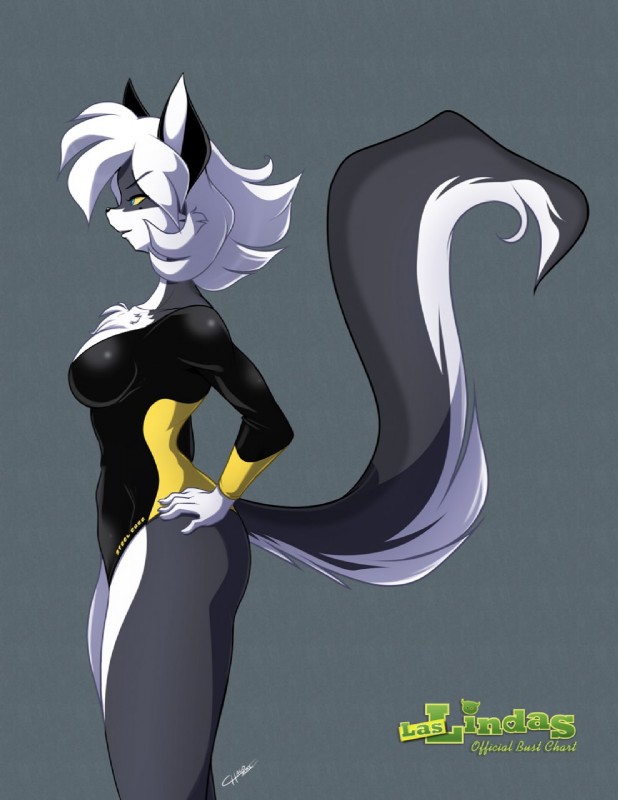 anthro big_breasts biped black_body black_fur blue_eyes bodysuit breasts clothed clothing female fur grey_body grey_fur hair multicolored_body multicolored_fur skinsuit solo standing tight_clothing two_tone_body two_tone_fur white_body white_fur white_hair chalo las_lindas alsadia canid canine canis mammal wolf hi_res