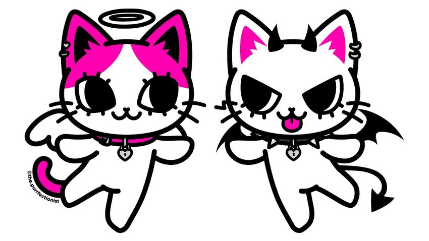 :3 ambiguous_gender anthro blep chibi collar duo horn simple_background superflat tail tongue tongue_out white_background wings cyberneko angel demon domestic_cat felid feline felis mammal