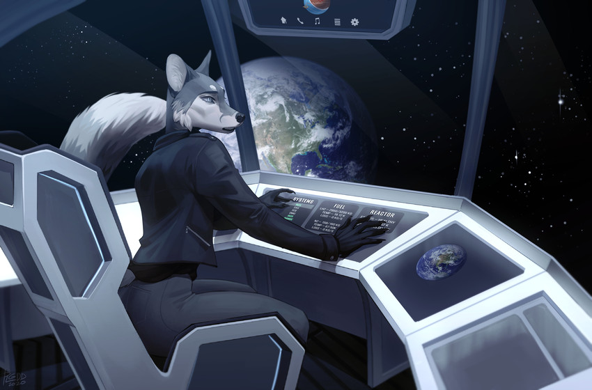 anthro blue_eyes clothed clothing cockpit earth female fully_clothed fur futuristic grey_body grey_fur planet science_fiction sitting solo space spacecraft starscape touchscreen vehicle plgdd canid canine fox grey_fox mammal urocyon hi_res