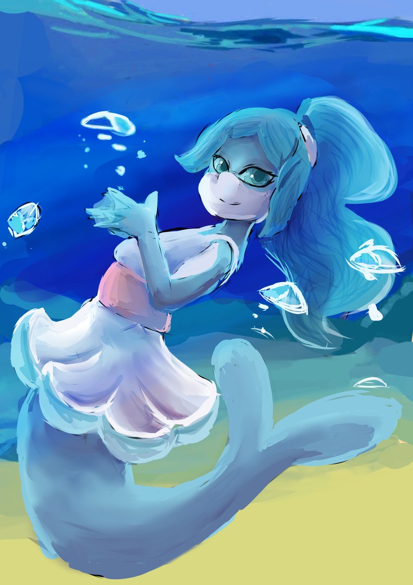 4_fingers accessory adolescent anthro blue_body blue_eyes blue_hair blue_pupils blue_sclera blue_skin blue_tail breasts bubble closed_smile clothing dress female fin fingers hair hair_accessory hair_tie looking_at_viewer membrane_(anatomy) mouth_closed multicolored_body multicolored_skin ponytail pupils seabed side_boob smile smiling_at_viewer solo tail tail_fin two_tone_body two_tone_skin underwater water webbed_hands white_body white_clothing white_dress white_hair_tie white_skin young young_anthro young_female mythrava brand_new_animal studio_trigger nina_flip cetacean dolphin mammal marine toothed_whale 2020 absurd_res colored digital_media_(artwork) digital_painting_(artwork) hi_res painting_(artwork) shaded