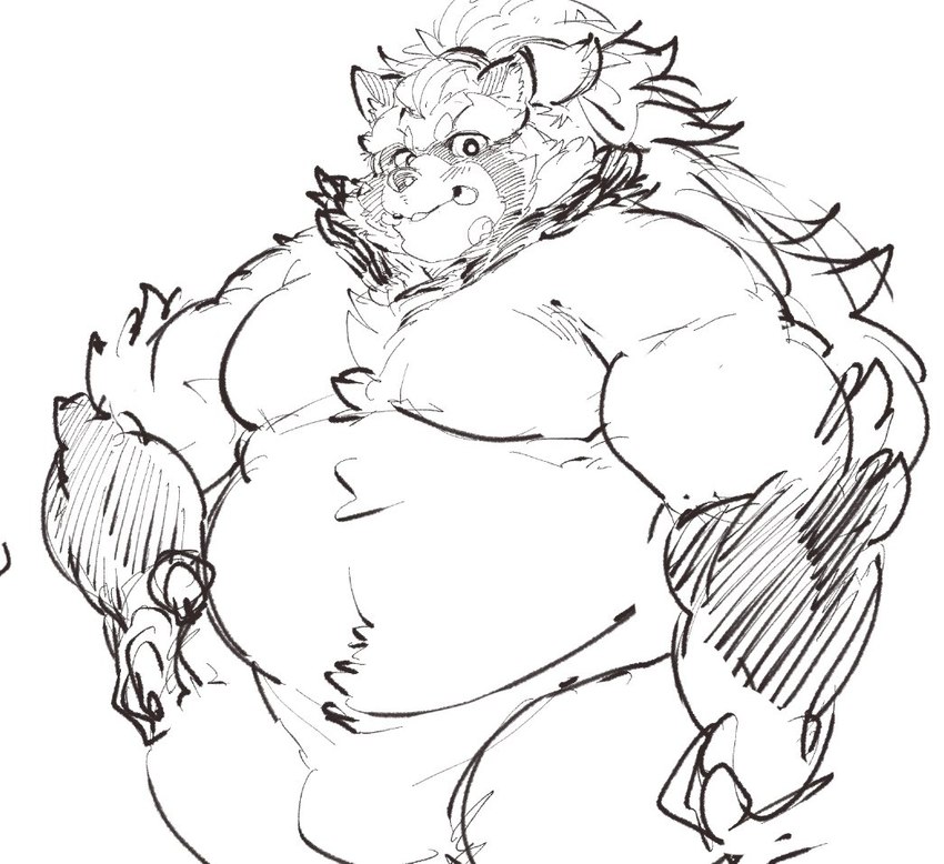 anthro asian_clothing belly biceps bulge clothing east_asian_clothing fundoshi hair japanese_clothing long_hair male muscular muscular_arms overweight pecs ponytail solo underwear exe_exem lifewonders tokyo_afterschool_summoners goemon_(tas) canid canine mammal raccoon_dog tanuki sketch