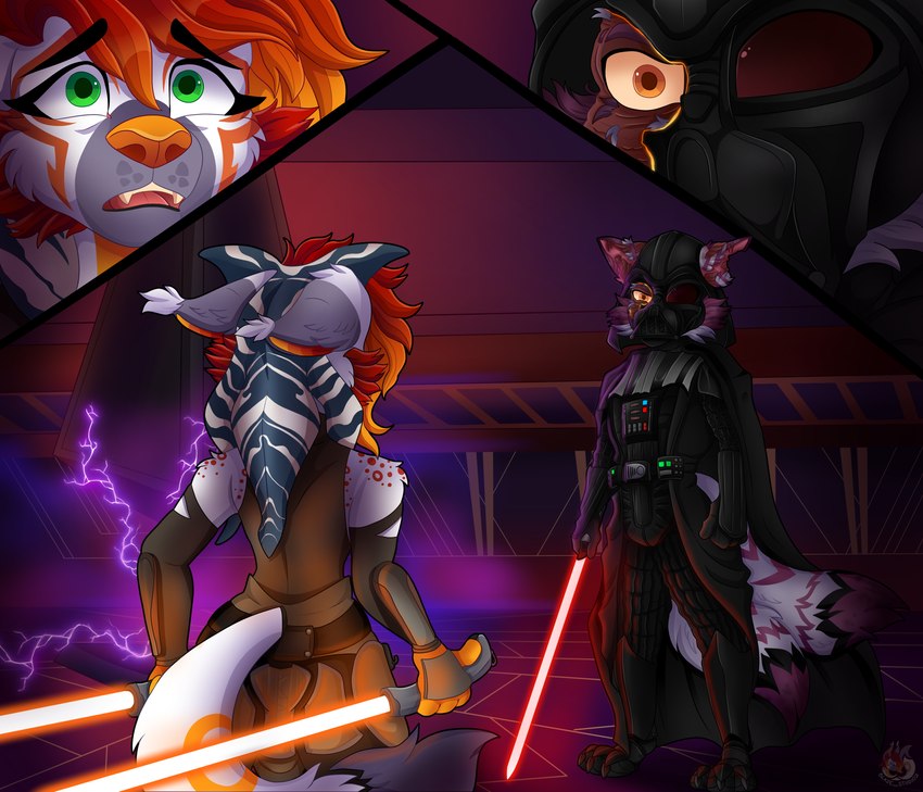 2_tails alternate_species anthro detailed_background duo female fur furrification green_eyes grey_body grey_fur lightsaber male male/female markings melee_weapon multi_tail orange_body orange_eyes orange_fur orange_lightsaber purple_body purple_fur red_lightsaber tail weapon white_body blaze_studioz star_wars star_wars_rebels ahsoka_tano blazesturning darth_vader kitsune_drifty_(character) canid canine canis fox mammal wolf absurd_res hi_res