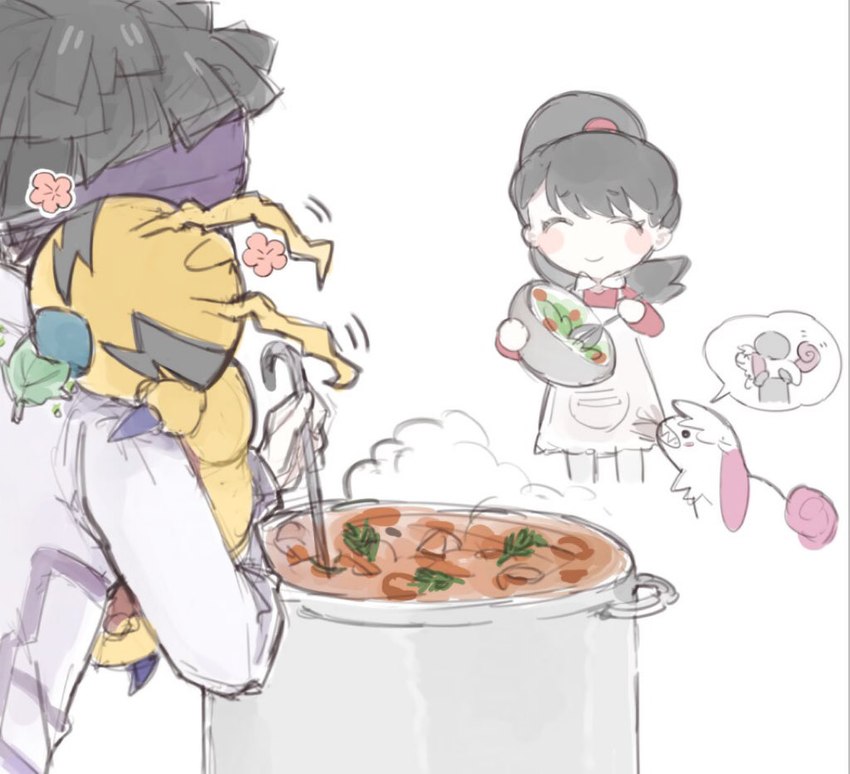 bite blush cooking female feral food group hug male stew ybhk77 bandai_namco digimon digimon_survive aoi_shibuya kunemon_(survive) labramon_(survive) ryou_tominaga digimon_(species) human kunemon labramon mammal