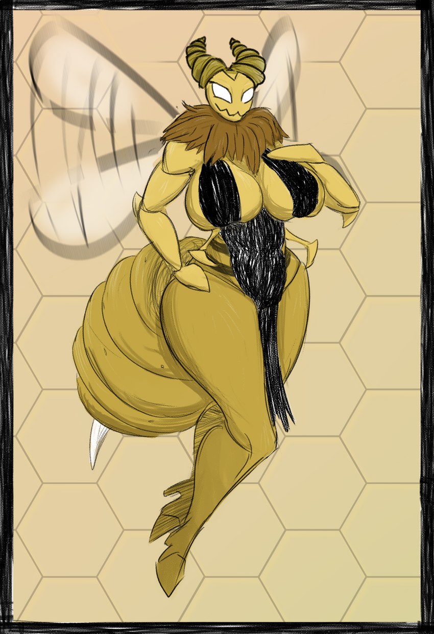 anthro big_breasts breasts clothed clothing female simple_background solo yellow_body weird_cooper don't_starve klei_entertainment bee_queen_(dst) animal_humanoid arthropod arthropod_humanoid bee bee_humanoid humanoid hymenopteran hymenopteran_humanoid insect insect_humanoid monster queen_bee digital_media_(artwork) hi_res