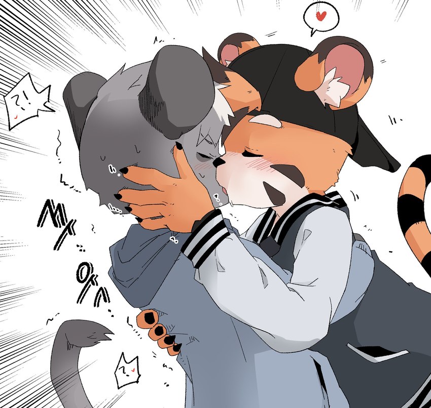 anthro backwards_baseball_cap backwards_hat baseball_cap blush clothing duo eyes_closed hat headgear headwear heart_symbol kissing male male/male rodos_trail gelato_(latotabo) tiger_boy_(latotabo) felid mammal murid murine pantherine rat rodent tiger hi_res