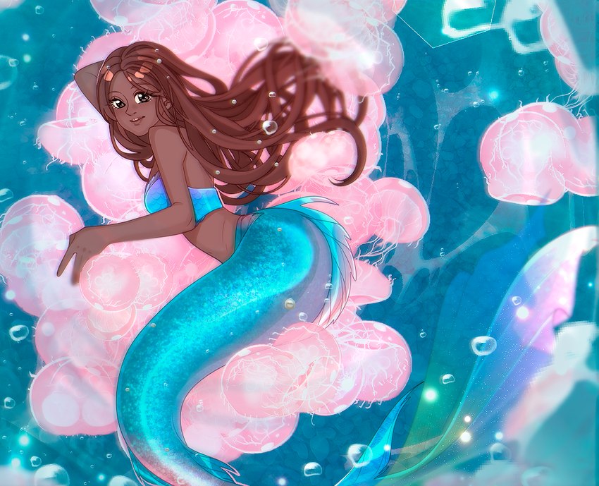 black_hair blue_eyes breasts dark_body dark_skin female hair jewelry long_hair medium_breasts mermaid_tail necklace necklace_only not_furry nude solo split_form cogamori disney the_little_mermaid_(1989) the_little_mermaid_(2023) ariel_(disney) humanoid humanoid_merfolk marine merfolk