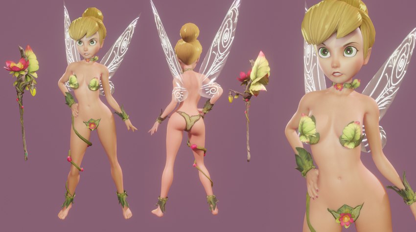 blonde_hair breasts butt colored_nails eyelashes female front_view green_eyes hair hair_bun hand_on_hip humanoid_pointy_ears insect_wings leaf_clothing mostly_nude nails navel pasties pink_nails pointy_ears purple_background rear_view simple_background solo tan_body tan_skin wings crisisbeat disney_fairies peter_pan tinker_bell_(disney) fairy humanoid winged_humanoid 3d_(artwork) digital_media_(artwork)