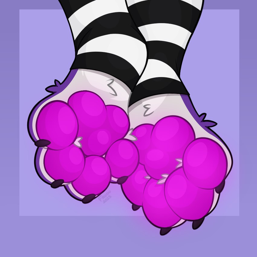 ambiguous_gender anthro bioluminescence black_clothing black_legwear claws clothing feet foot_focus fur glowing hindpaw leggings legwear magenta_pawpads male pattern_clothing pattern_legwear pawpads paws purple_body purple_fur simple_background solo striped_clothing striped_legwear stripes toe_claws toes frodo voyde_(vocitus40000) canid canine fox mammal 1:1