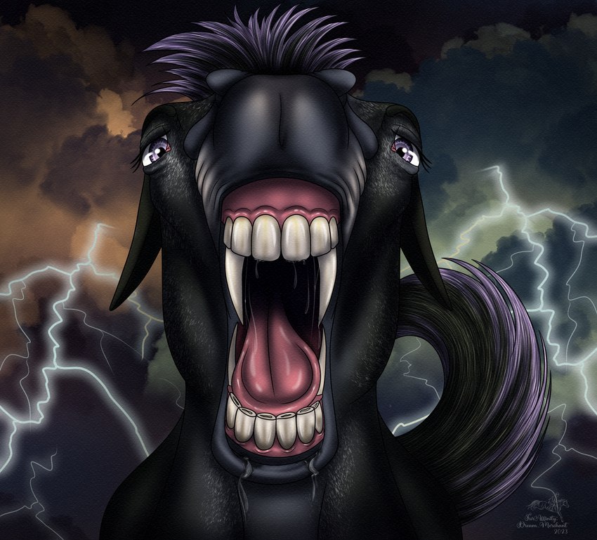 fangs female feral light long_ears mouth_shot open_mouth purple_eyes solo teeth tongue dream_merchant celtic_mythology european_mythology mythology gynja_(skuggamul) equid equine hybrid kelpie kelpie_mule mammal mule mythological_creature mythological_equine hi_res lighting