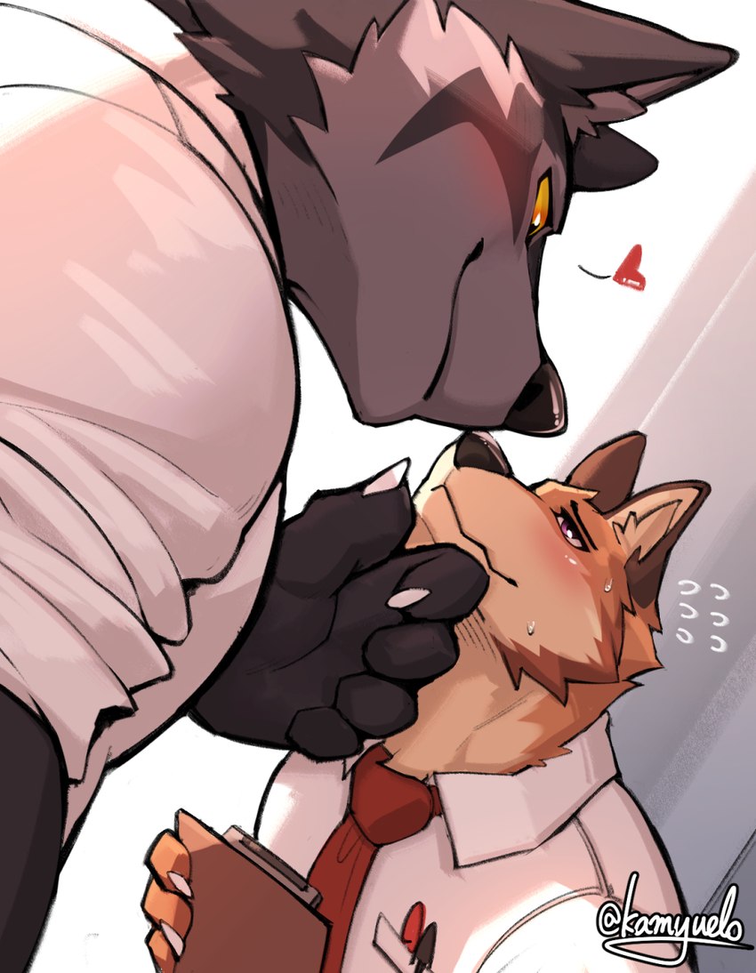 anthro blush duo eye_contact heart_symbol looking_at_another male male/male necktie size_difference kamyuelo alex_(kamyuelo) raymond_(kamyuelo) canid canine canis fox mammal wolf hi_res