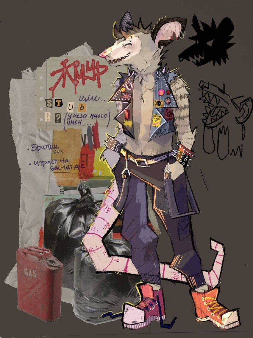 anthro belt braces_(clothing) ear_piercing ear_ring eyes_closed hand_in_pocket male navel open_mouth open_smile piercing pockets ring_piercing sharp_teeth smile solo stub_(rockthecoon) teeth rockthecoon american_opossum mammal marsupial 3:4 hi_res