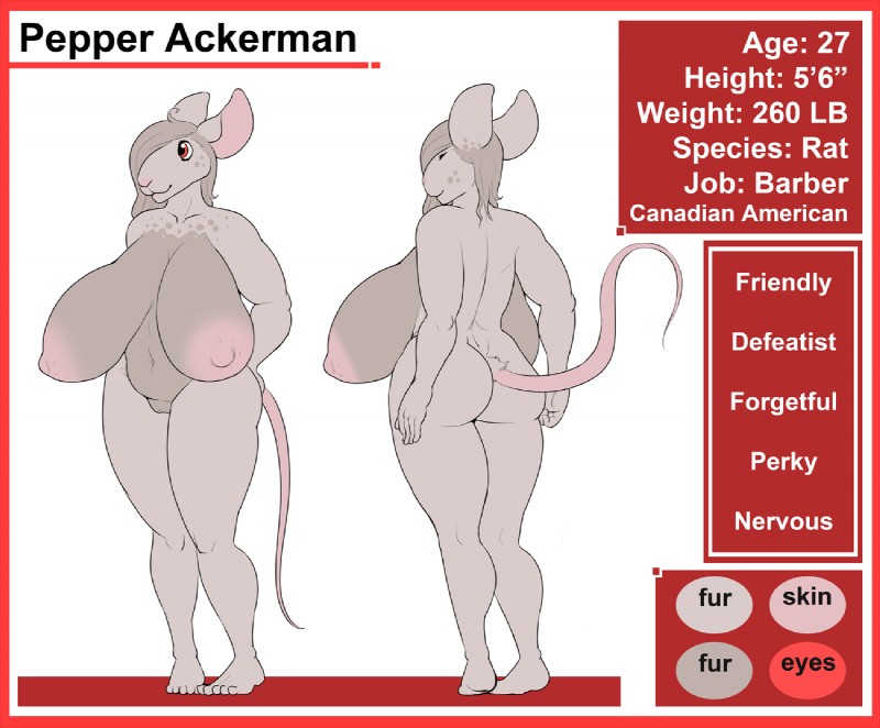 anthro areola big_breasts breasts female genitals grey_hair hair huge_breasts nipples nude pussy simple_background solo standing text white_background ritts pepper_ackerman mammal murid murine rat rodent 2015 digital_media_(artwork) english_text model_sheet