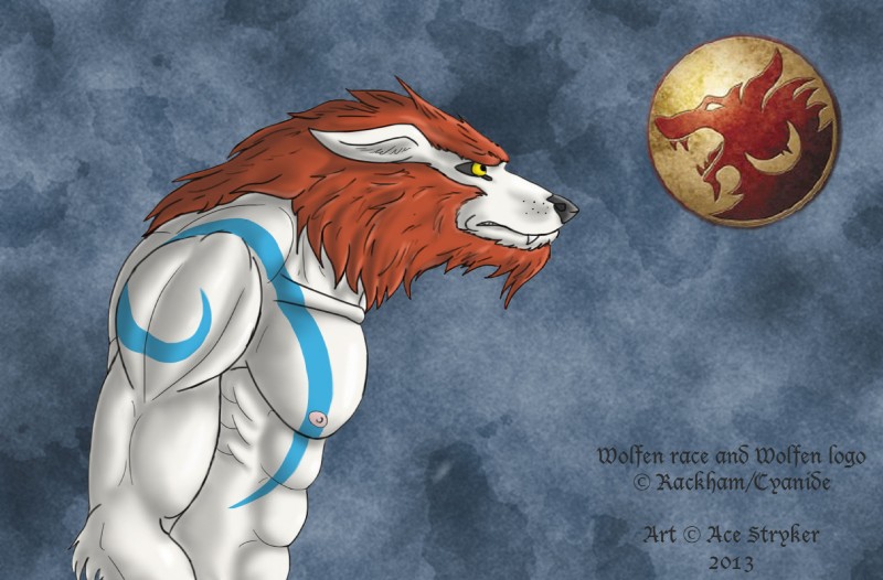 abs anthro athletic biceps biped black_nose blue_body blue_fur brown_hair clothed clothing fangs fur grey_background grey_body grey_fur hair male mane muscular muscular_anthro nipples pecs pose simple_background solo standing tattoo teeth topless white_body white_fur yellow_eyes ace_stryker mythology wolfen canid canine canis mammal mythological_canine mythological_creature werecanid werecanine werecreature werewolf wolf 2013 hi_res