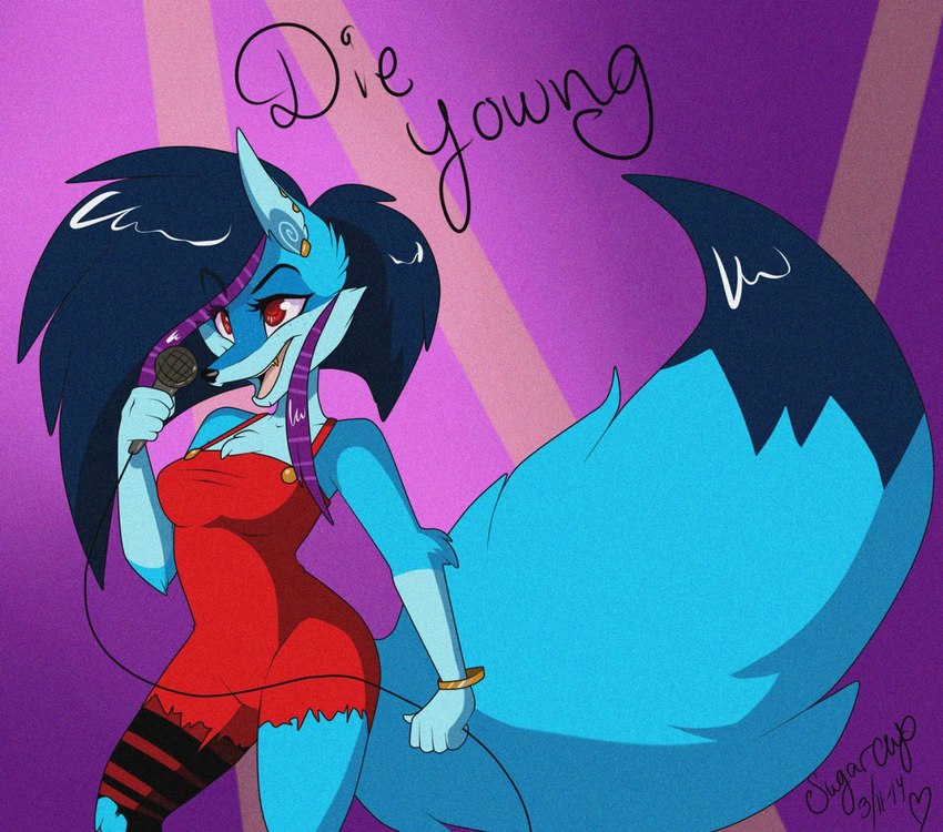 anthro blue_body blue_fur blue_hair blue_tail clothed clothing dipstick_tail ear_piercing electronics female fur hair holding_microphone holding_object long_hair markings microphone open_mouth piercing red_clothing red_eyes red_topwear simple_background singing solo standing tail tail_markings topwear milk-jug mythology zoophobia jayjay_(zoophobia) canid canine mammal mythological_canine mythological_creature werecanid werecanine werecreature werewolf