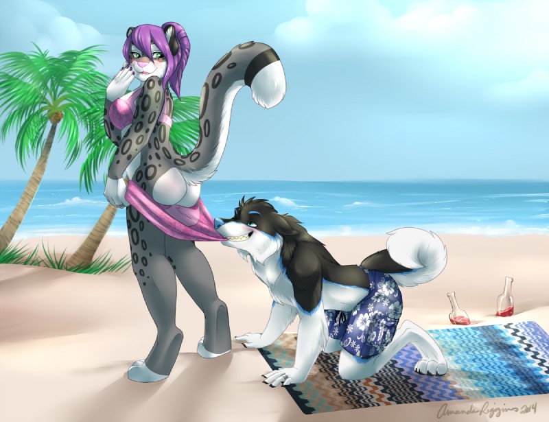 anthro beach bedding black_body black_fur blanket blush butt claws clothing cloud detailed_background digit_ring duo female fur green_eyes grey_body grey_fur hair husband_and_wife jewelry kneeling male married married_couple on_towel outside plant purple_hair ring sand sea seaside sky smile spots standing swimwear toe_claws towel tree undressing water wedding_ring white_body white_fur blizzieart coppertone_(sunscreen) amp_(metrochief) blizzie_(blizzieart) coppertone_girl canid canine canis domestic_dog felid husky leopard mammal nordic_sled_dog pantherine snow_leopard spitz 2014 digital_media_(artwork)