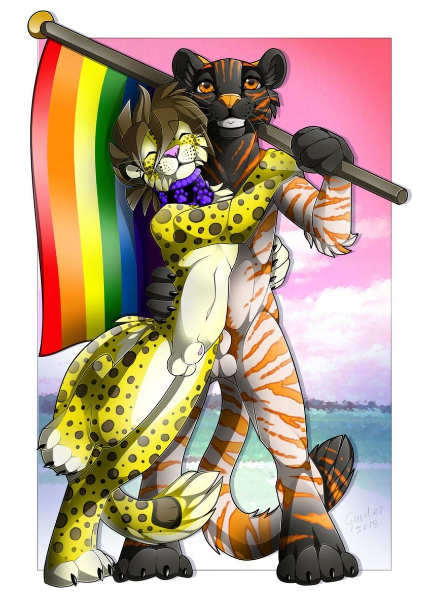 animal_genitalia anthro balls casual_nudity cheek_tuft claws collar collar_only cuddling duo eyes_closed facial_tuft fur genitals grin happy hug inner_ear_fluff lgbt_pride male male/male markings navel nude orange_body orange_fur paws penis penis_tip pride_colors rainbow_flag rainbow_pride_flag rainbow_symbol sheath slim small_waist smile spots spotted_body spotted_fur striped_body striped_fur stripes tail tasteful_nudity tuft whiskers yellow_body yellow_fur gard3r aranee yellow_(character) felid leopard mammal pantherine tiger 2018 digital_drawing_(artwork) digital_media_(artwork) hi_res signature