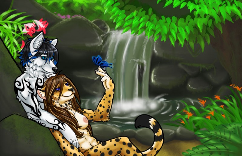 anthro breasts duo female interspecies male male/female nipples nude romantic romantic_ambiance romantic_couple tail tattoo water waterfall sage116 arthropod butterfly canid canine canis cheetah felid feline insect lepidopteran mammal wolf