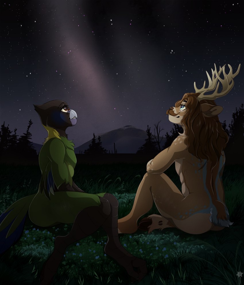 anthro antlers avian_feet beak black_head blue_cheeks blue_highlights brown_body brown_hair butt casual_nudity cloven_hooves dewclaw_hooves duo facial_hair feathers grass green_body green_feathers green_tail_feathers grey_beak hair highlights_(coloring) hooves horn long_hair male milky_way mountain mustache nature night nude nude_male outdoor_nudity outside peaceful plant romantic romantic_ambiance romantic_couple scut_tail scuted_arms scuted_legs scutes short_tail sitting sky social_nudity star stargazing starry_sky tail tail_feathers wavy_hair yellow_neck tonosan ringo_(baron-samedi) yesson_(baron-samedi) animal_humanoid australian_ringneck avian avian_humanoid bird bird_humanoid deer humanoid mammal new_world_deer parrot parrot_humanoid reindeer