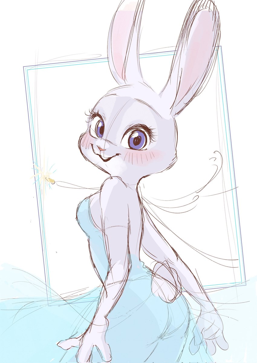 anthro backless_dress blue_clothing blue_dress butt clothed clothing cotton_tail dress female fur grey_body grey_fur jewelry long_ears necklace simple_background tail translucent translucent_clothing memegmu disney zootopia judy_hopps european_rabbit lagomorph leporid mammal oryctolagus rabbit absurd_res colored_sketch hi_res sketch