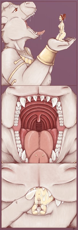 anthro anthro_pred anus bodily_fluids breasts bukkake butt cum duo extreme_size_difference fangs feet female female/female female_pred female_prey genital_fluids genital_piercing genitals human_prey jewelry kneeling larger_anthro larger_female masturbation mouth_shot nipples open_mouth oral_vore piercing pussy saliva simple_background size_difference smaller_female smaller_human smile teeth throat tongue tongue_piercing uvula vore yellow_eyes konani velhara bovid bovine human mammal absurd_res hi_res