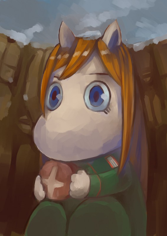 4_fingers anthro blue_eyes bread cliff clothing female fingers food green_uniform hair long_hair orange_hair painting solo uniform toozai トーザイ the_moomins youjo_senki moomin digital_media_(artwork) digital_painting_(artwork) hi_res painting_(artwork)