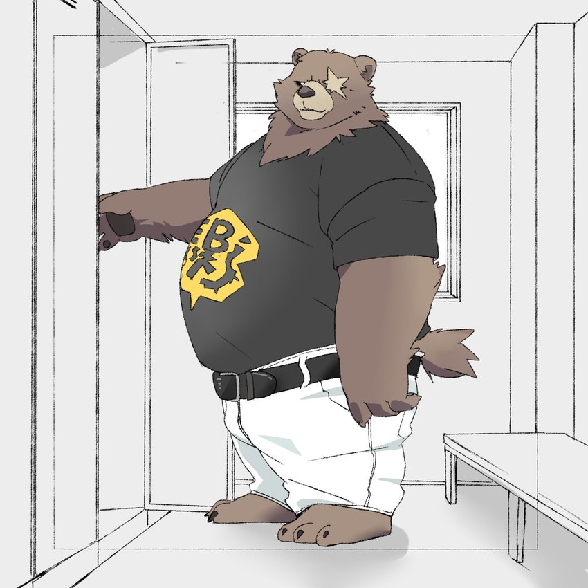 anthro barazoku barefoot bottomwear brown_body brown_fur clothing facial_scar feet fur male missing_eye overweight overweight_male pants pawpads scar shirt solo t-shirt topwear white_bottomwear white_clothing white_pants inunoshippo jinnta4014 mihoyo zenless_zone_zero ben_bigger bear mammal 1:1 2024 hi_res