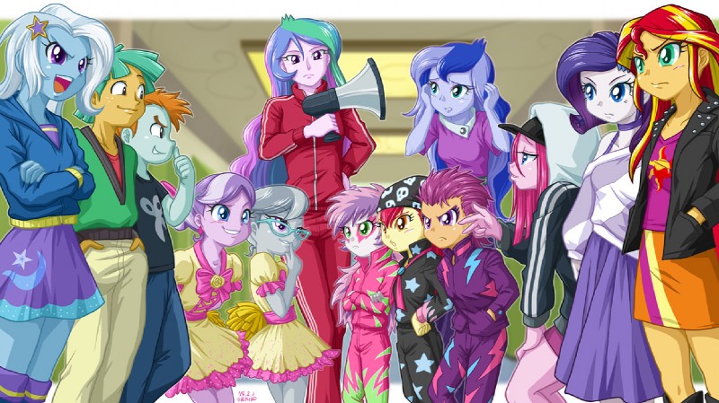 amber_eyes blue_eyes blue_hair bottomwear clothed clothing dress eyewear female freckles glasses green_eyes green_hair grey_hair group hair hat headgear headwear hoodie jacket male megaphone multicolored_hair orange_hair pink_hair purple_eyes purple_hair red_hair skirt topwear tracksuit two_tone_hair young uotapo equestria_girls hasbro my_little_pony apple_bloom_(eg) diamond_tiara_(eg) pinkamena_(eg) pinkie_pie_(eg) princess_celestia_(eg) princess_luna_(eg) principal_celestia_(eg) rarity_(eg) scootaloo_(eg) silver_spoon_(eg) snails_(eg) snips_(eg) sunset_shimmer_(eg) sweetie_belle_(eg) trixie_(eg) vice_principal_luna_(eg) human mammal 2014