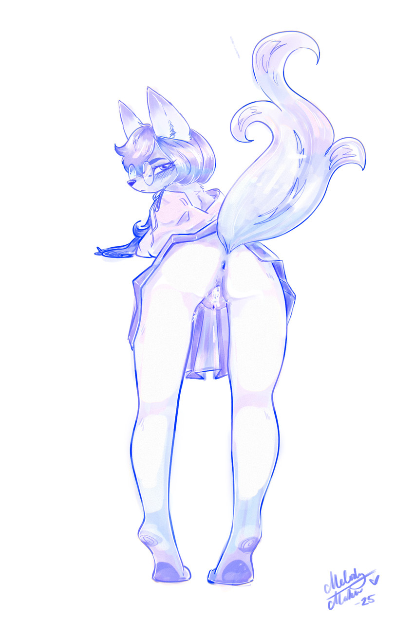 anus bent_over bodily_fluids bottomwear clothing cum cum_in_vagina cum_inside eyewear female genital_fluids genitals glasses pleated_skirt presenting presenting_anus presenting_vulva ribbons skirt tiptoes vulva wearing_glasses wearing_shirt melody_maku melody_bun_maku arctic_fox canid canine fox mammal true_fox absurd_res hi_res