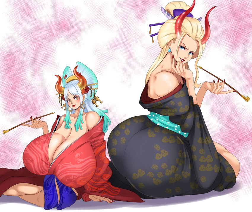 big_breasts big_butt biped blonde_hair breasts butt cleavage clothed clothing duo ear_piercing female hair horn huge_breasts huge_butt larger_female piercing pupils size_difference smaller_female thick_thighs sundown_(artist) one_piece black_maria_(one_piece) yamato_(one_piece) horned_humanoid humanoid 2023 absurd_res hi_res