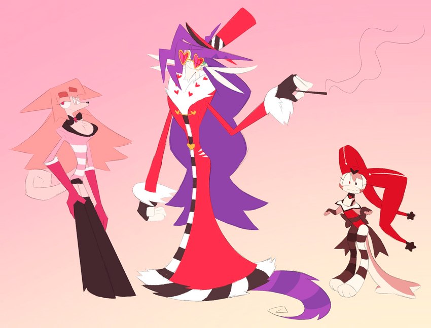 ambiguous_gender anthro cosplay group male trio conditional_dnp labbit_(artist) doll_eye hazbin_hotel alfred_(twisted-doctor) mystery_(twisted-doctor) canid canine canis domestic_cat domestic_dog felid feline felis labbit mammal shiba_inu spitz hi_res model_sheet