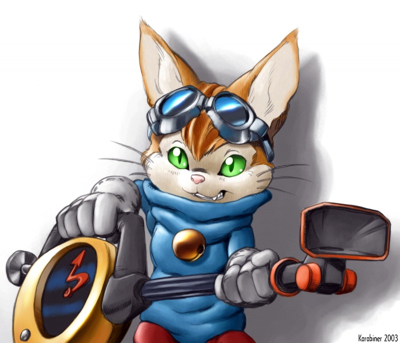 anthro bell bell_collar collar eyewear eyewear_on_head goggles goggles_on_head green_eyes grin holding_object looking_at_viewer male smile solo sweeper_(blinx) karabiner blinx_the_time_sweeper microsoft xbox_game_studios blinx domestic_cat felid feline felis mammal 2003 source_request