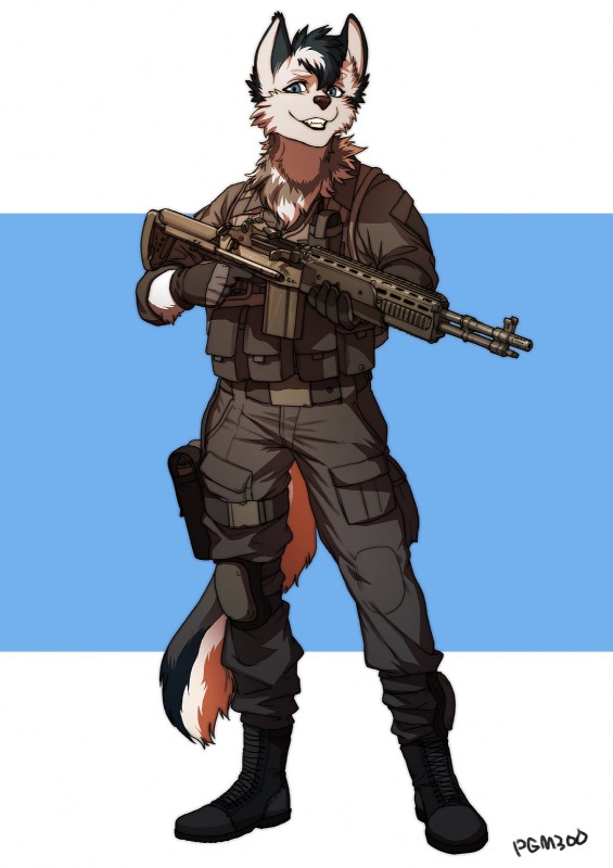 abstract_background anthro blue_body blue_eyes blue_fur boots brown_body brown_fur clothed clothing fluffy footwear fully_clothed fur gloves gun handgun handwear holding_gun holding_object holding_ranged_weapon holding_weapon inner_ear_fluff knee_pads looking_at_viewer m14_ebr male multicolored_tail ranged_weapon rifle shoes smile solo standing tail trigger_discipline tuft weapon white_body white_fur pgm300 canid canine mammal digital_media_(artwork) hi_res shaded