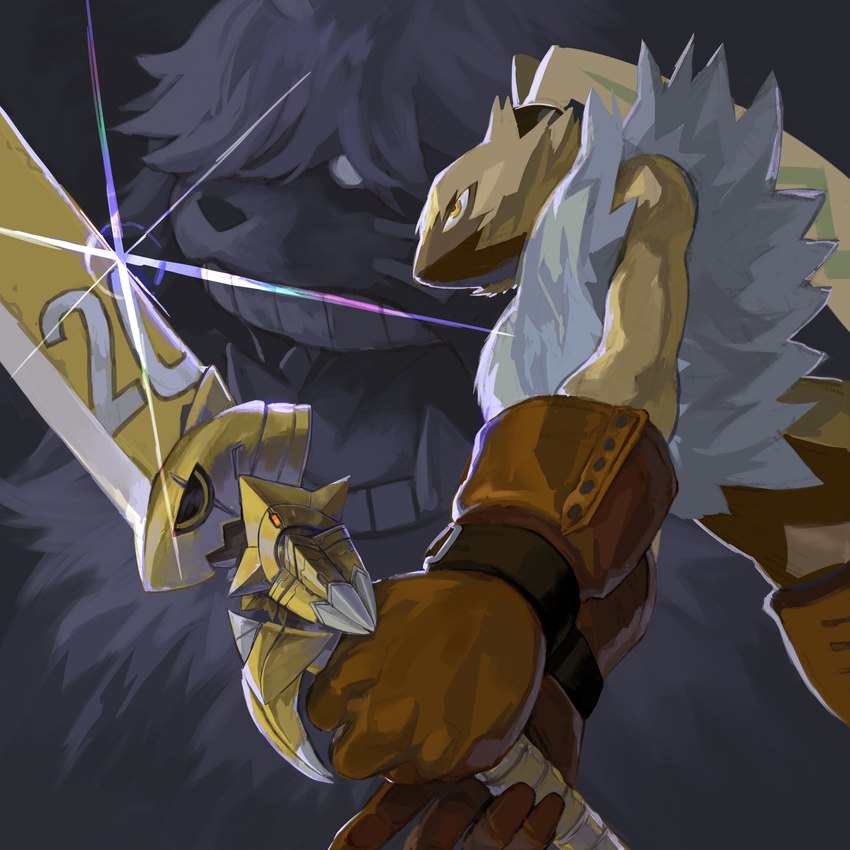 anthro duo evolutionary_family fur hair hair_over_eyes katana long_ears male melee_weapon ponytail_ears sword weapon yellow_body yellow_fur level004 bandai_namco digimon digimon_ghost_game angoramon digimon_(species) lagomorph leporid mammal rabbit symbareangoramon zubamon 1:1 absurd_res hi_res