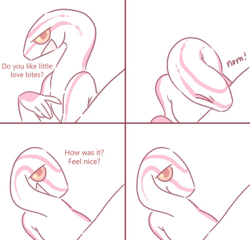 albino ambiguous_gender anthro bite dialogue duo eyes_closed humor looking_at_viewer nom nude open_mouth red_eyes simple_background solo text glacierclear cornelia_(glacierclear) colubrid corn_snake lampropeltini rat_snake reptile scalie snake 2019 comic digital_media_(artwork) english_text female_(lore)