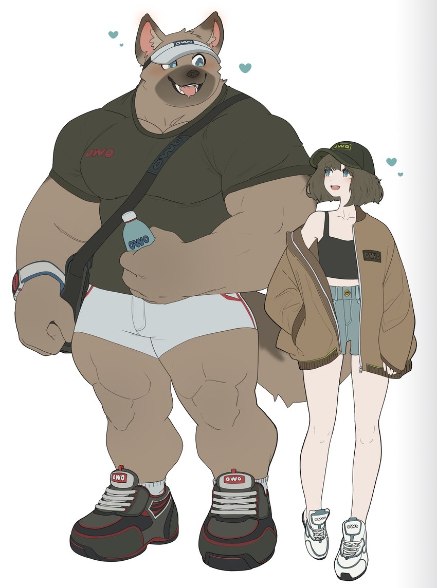 anthro biceps bottomwear clothed clothing emoticon emoticon_on_clothing female footwear fur group headgear headwear male muscular muscular_anthro muscular_male owo shirt size_difference topwear dona908 canid canine human mammal absurd_res hi_res