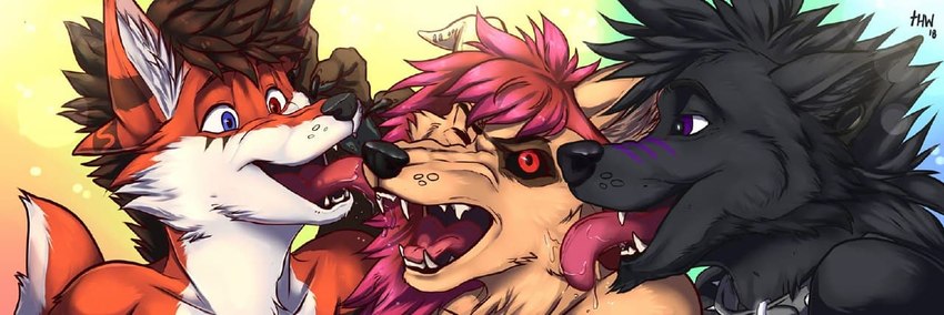 black_sclera blue_eyes collar ear_piercing face_lick fangs female fur group licking male open_mouth piercing pink_body pink_fur purple_eyes red_eyes spiked_collar spikes teeth tongue tongue_out trio reddy_(reddyrennard) shadow_von_wolfkin canid canine canis fox mammal wolf