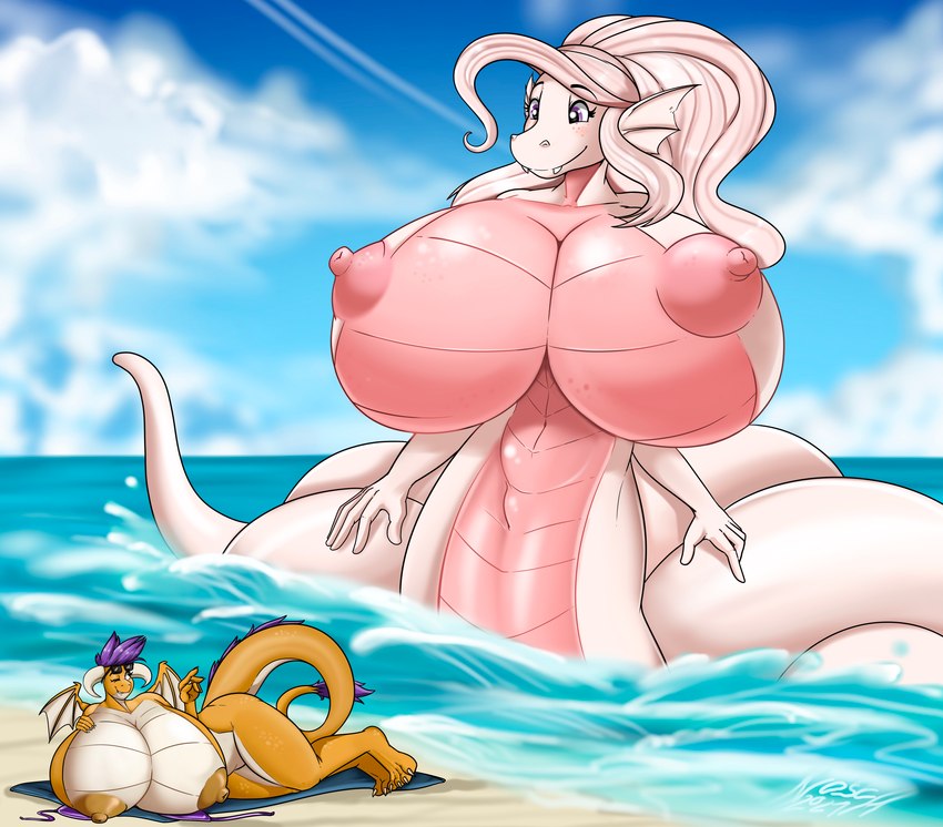 5_fingers anthro apode beach big_breasts breasts duo eyewear female fingers freckles hair huge_breasts hyper hyper_breasts legless lying macro membrane_(anatomy) membranous_wings nipples non-mammal_nipples nude orange_body orange_scales outside purple_hair sand scales seaside serpentine size_difference smile sunglasses tail towel water white_body white_hair wings nosch mythology draconcopode dragon marine mythological_creature mythological_scalie naga reptile scalie snake 2021 absurd_res digital_media_(artwork) hi_res