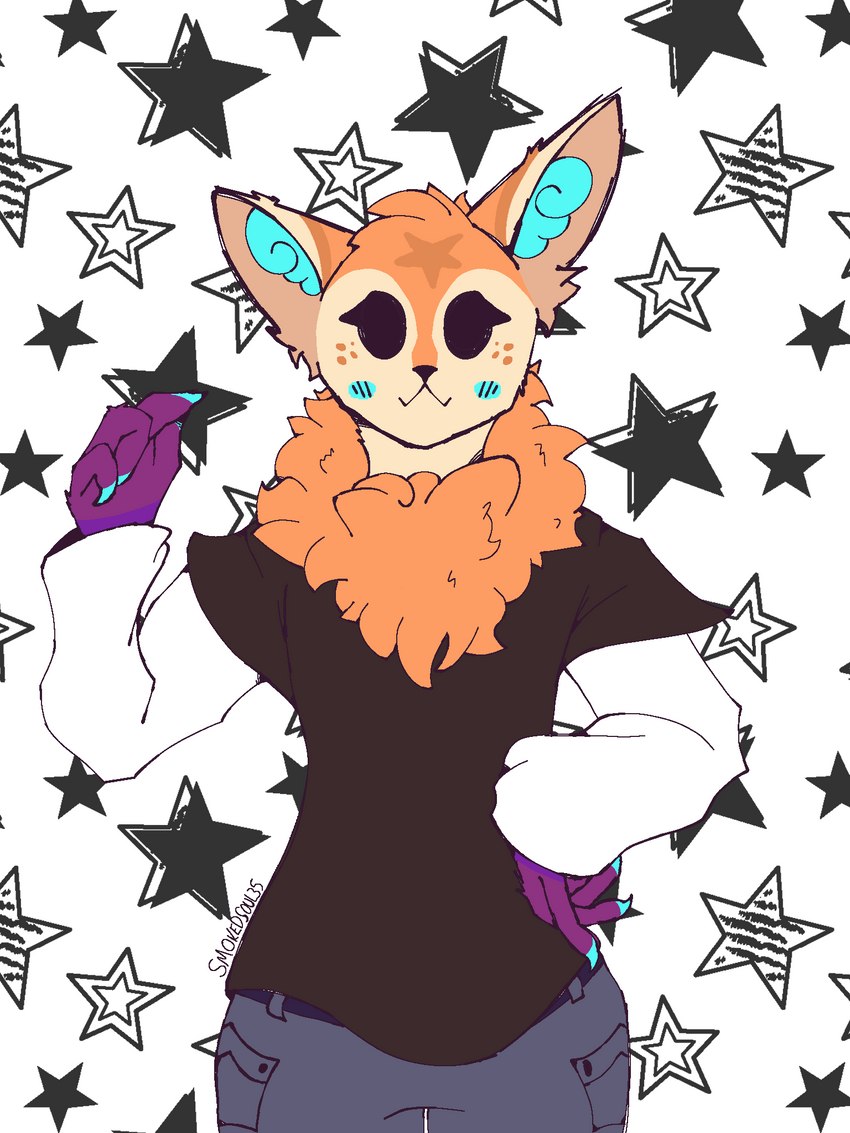 anthro blue_body blue_fur blush bottomwear claws clothed clothing freckles fur hair looking_at_viewer male markings neck_tuft orange_body orange_fur pose simple_background smile solo standing star star_(marking) text topwear tuft smokedsoul35 canid canine fox mammal 3:4 digital_media_(artwork) english_text hi_res