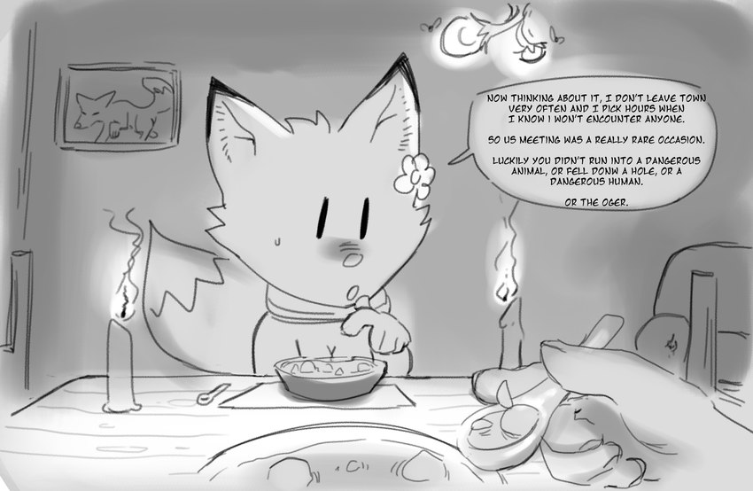 anthro bowl breasts candle cleavage clothed clothing container cutlery dialogue dining_table duo female first_person_view food kitchen_utensils male picture_frame scarf smile spoon stew text tools lilmoonie hoshi_(lilmoonie) ambient_arthropod ambient_fly ambient_insect canid canine fox human mammal 2021 comic english_text greyscale hi_res monochrome