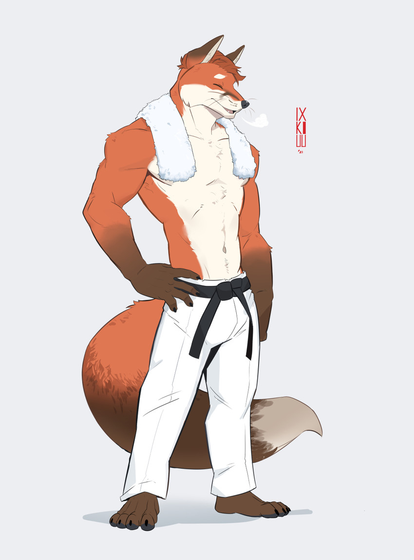 anthro biceps bottomwear clothing male pecs simple_background solo ixkouu canid canine fox mammal digital_media_(artwork) hi_res