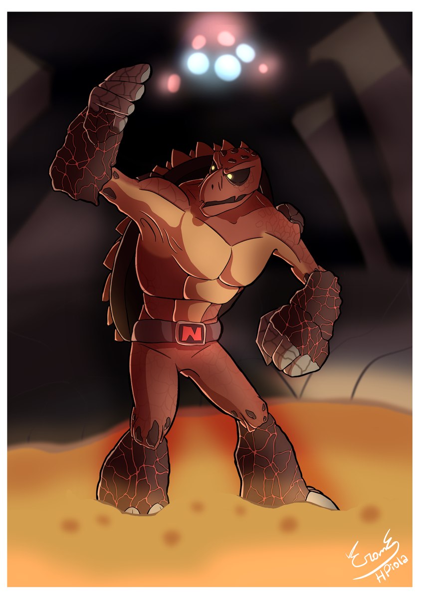 anthro belt biped black_sclera border glowing glowing_eyes lava lava_pool male shell solo spiked_shell spikes spikes_(anatomy) standing white_border yellow_eyes hpiola activision crash_bandicoot_(series) elemental_creature lava_creature magmadon mineral_fauna titan_(crash_bandicoot) 2023 absurd_res digital_media_(artwork) full-length_portrait hi_res portrait signature