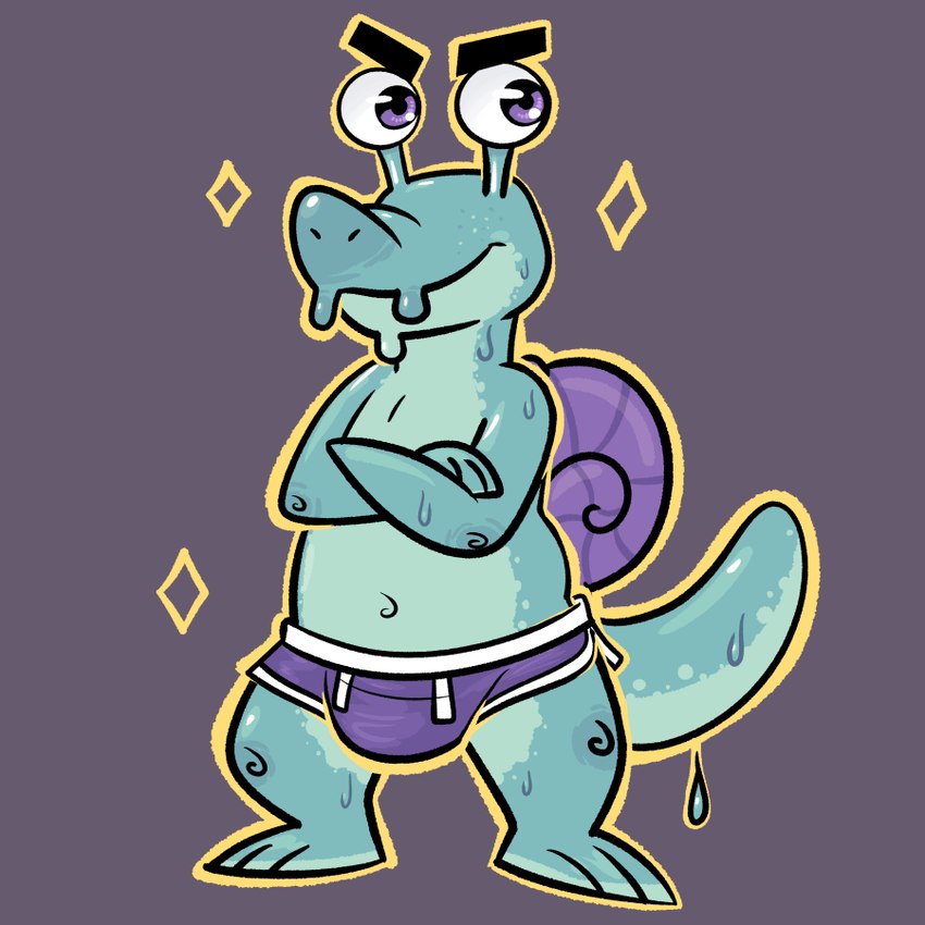 anthro athletic_wear bottomwear bulge clothing crossed_arms dolphin_shorts gastropod_shell gym_bottomwear gym_shorts male mollusk_shell shell shorts slime smile smirk solo standing goronic gastropod mollusk snail 1:1 digital_media_(artwork) full-length_portrait portrait