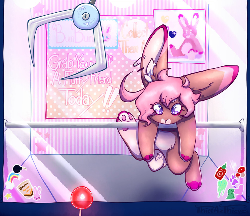 ambiguous_gender anthro claw_machine crane_game hair heart_symbol pawpads paws pink_hair solo sticker text thiccazthieves lagomorph leporid mammal rabbit hi_res