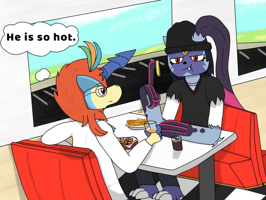 beanie beverage clothing date diner duo eating food furniture hat headgear headwear male pancake pickle_(food) restaurant table text thought_bubble hupla21 nintendo pokemon kellen_(hupla21) generation_5_pokemon generation_8_pokemon keldeo keldeo_(resolute_form) legendary_pokemon pokemon_(species) sneasler 4:3 absurd_res hi_res signature