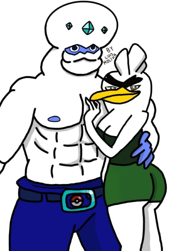 abs beak belt blue_nipples bottomwear breasts clothed clothing duo female larger_male looking_at_viewer male muscular muscular_male nipples pants size_difference smaller_female topless luis_molina nintendo pokemon nicko_stall avian galarian_darmanitan galarian_form generation_8_pokemon pokemon_(species) regional_form_(pokemon) sirfetch'd standard_mode_galarian_darmanitan hi_res