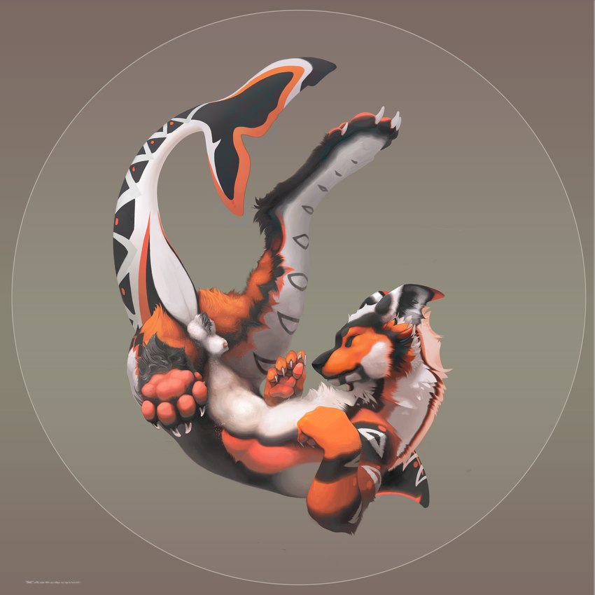 abstract_background animal_genitalia ball_tuft balls black_body black_fur black_markings butt butt_tuft chest_tuft claws digitigrade dorsal_fin eyes_closed feral fin fish_tail fur genitals leg_tuft legs_up male mane markings multicolored_body multicolored_fur orange_body orange_fur orange_markings pawpads penis penis_tip pink_pawpads semi-anthro sheath solo spread_legs spreading tail toe_claws tuft white_body white_fur white_markings xartofering canid canine fish hybrid mammal manokit marine shark 2020 absurd_res hi_res signature